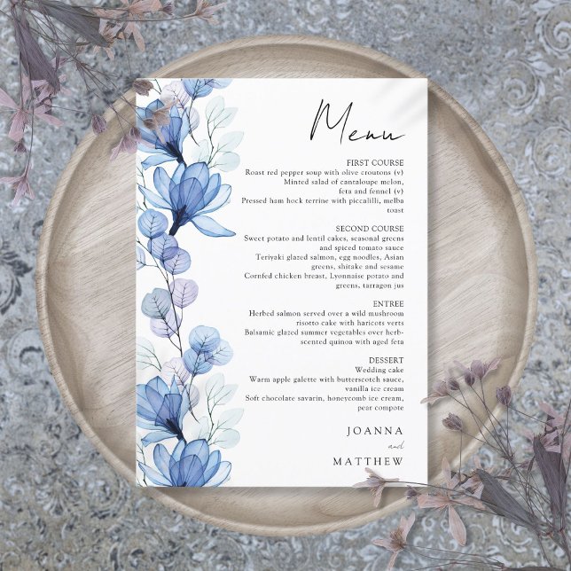 Modern Blue Transparent Floral Wedding Menu (Modern Blue Transparent Floral Wedding Menu)