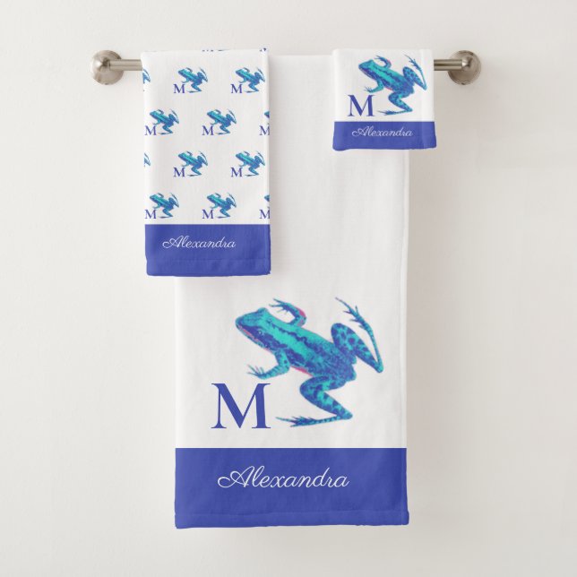 Modern Blue Tree Frog Monogram Initial Name Bath Towel Set (Insitu)