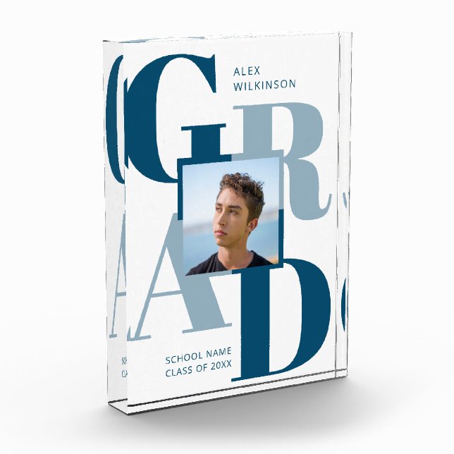 Modern Blue Trendy Typography Graduation Photo Block (Left)