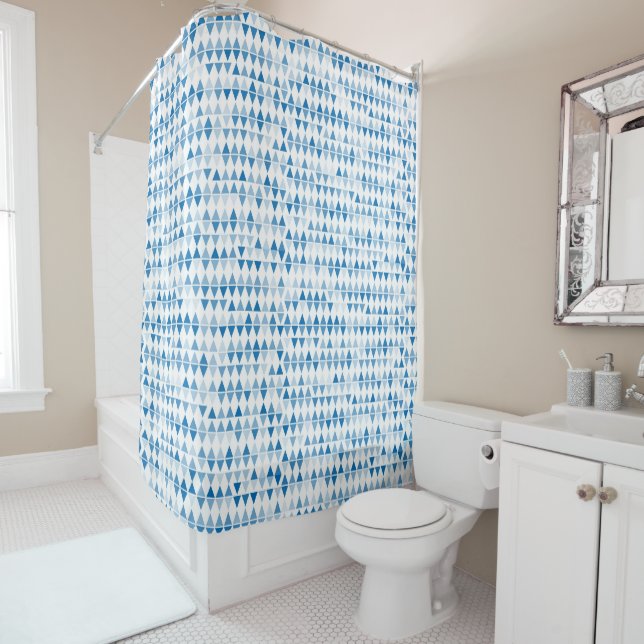 Modern Blue Triangle Pattern Shower Curtain – Geom (In Situ)