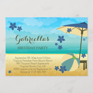Modern Blue Tropical Beach Birthday Party Invitation