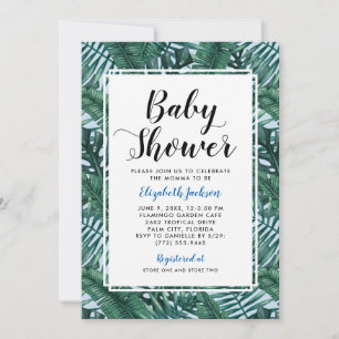 Modern Blue Tropical Palm Leaves Baby Boy Shower Invitation
