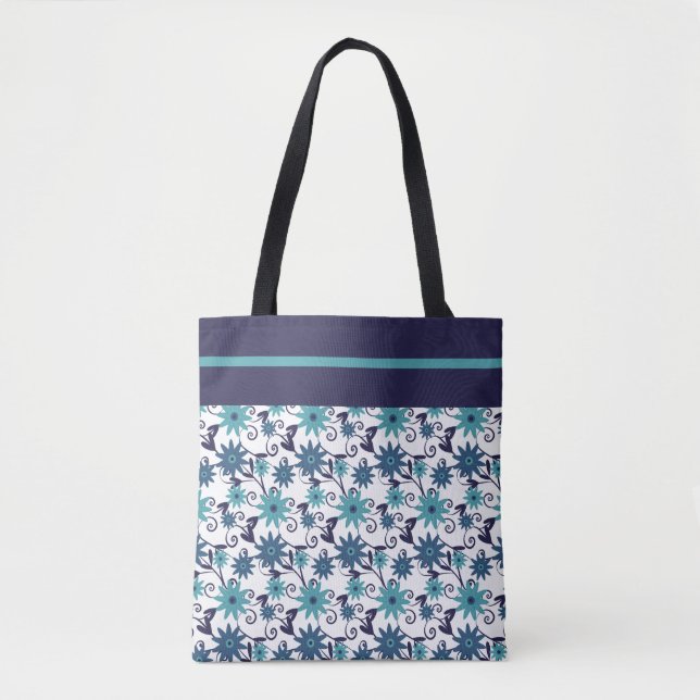 Modern Blue Turquoise Floral Pattern tote bag (Front)