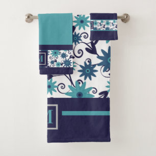 Modern Blue Turquoise Flower Monogram  Bath Towel Set