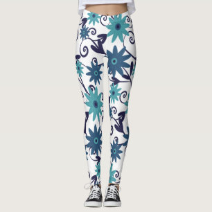 Modern Blue Turquoise Flower Pattern Leggings