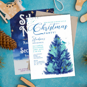 Modern Blue Turquoise Merry Christmas Tree Party   Invitation