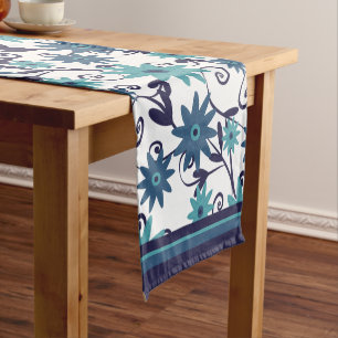 Modern blue turquoise white flower pattern short table runner