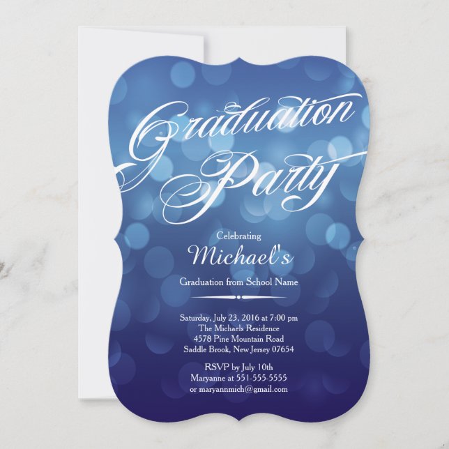 Modern Blue Typography Bokeh Graduation Party Invitation (Front)