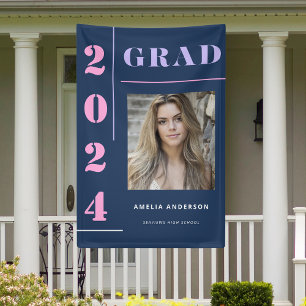 Modern Blue Typography Photo Graduation Party Banner