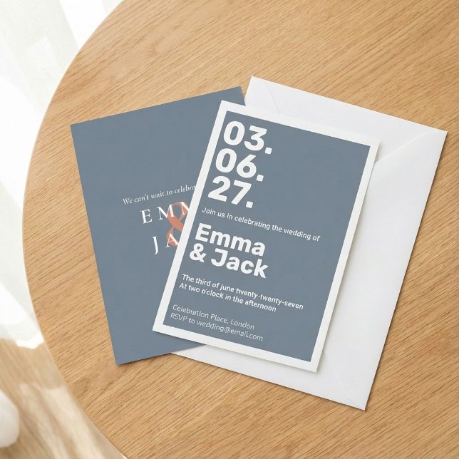 Modern Blue Vertical Date Wedding Invitation (Modern Blue Vertical Date Wedding Invitation.)