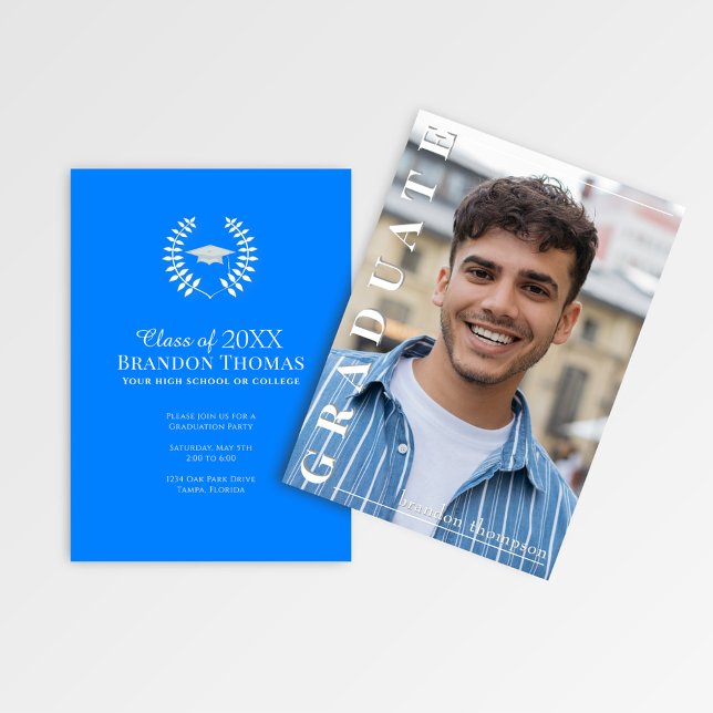 Modern Blue Vertical Name Graduation Photo Card (Bold blue graduation announcement featuring vertical “Graduate” text and customizable party info.)