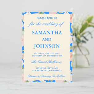 Modern Blue Vintage Ivory Floral Wedding Invitation