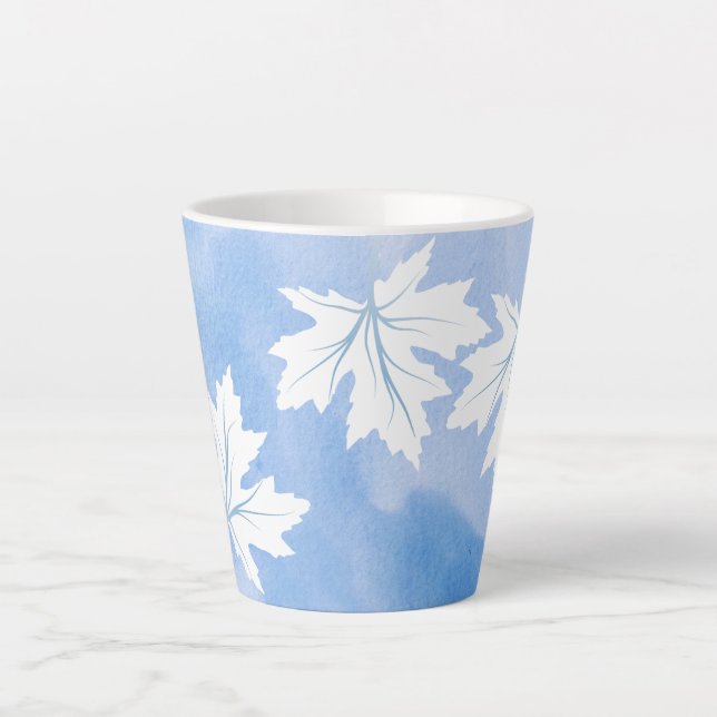 Modern blue watercolor and white maple leaves latte mug (Front)