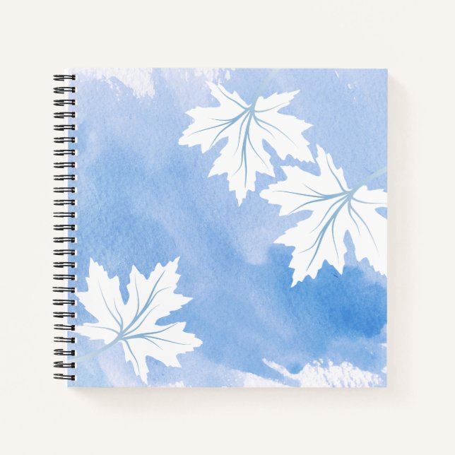 Modern blue watercolor and white maple leaves notebook (Front)