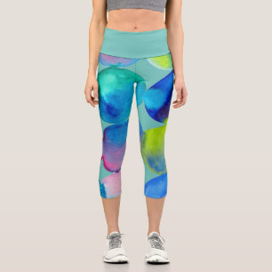 Modern blue watercolor arty colourful funky art capri leggings