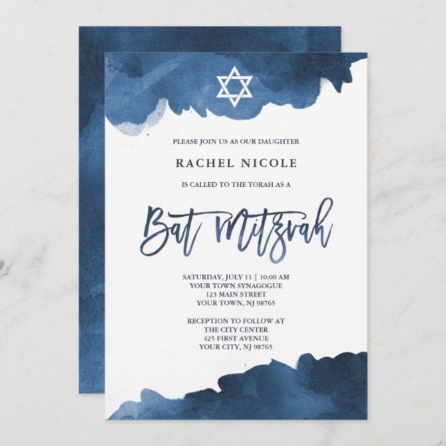 Modern Blue Watercolor | Bat Mitzvah Invitation (Front/Back)