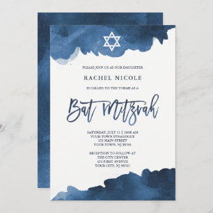 Modern Blue Watercolor Bat Mitzvah Invitation