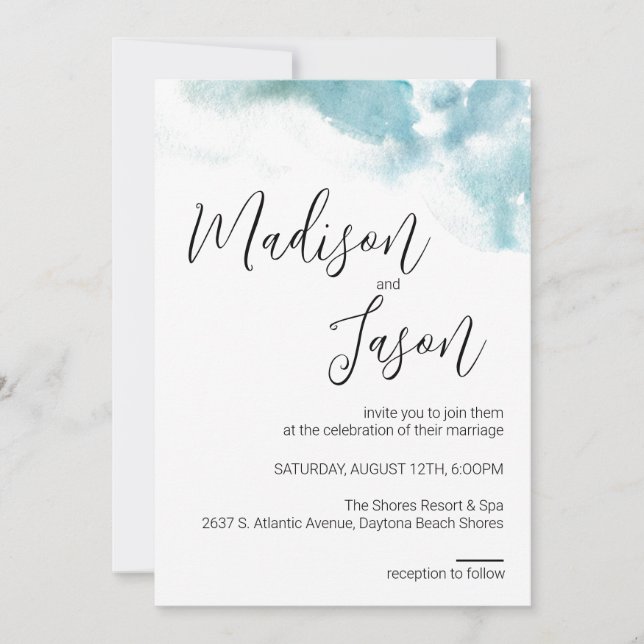Modern Blue Watercolor Beach Wedding Invitation (Front)