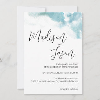 Modern Blue Watercolor Beach Wedding Invitation