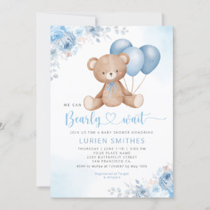 Modern Blue Watercolor Boho Teddy Bear Baby Shower Invitation