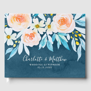 Modern Blue Watercolor Botanical Wedding Guest Book