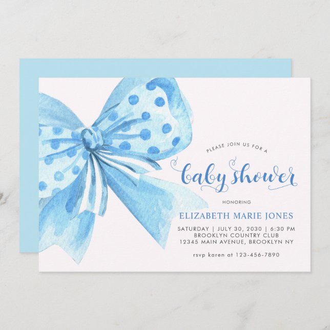 Modern Blue Watercolor Bow Ribbon Boy Baby Shower Invitation (Front/Back)