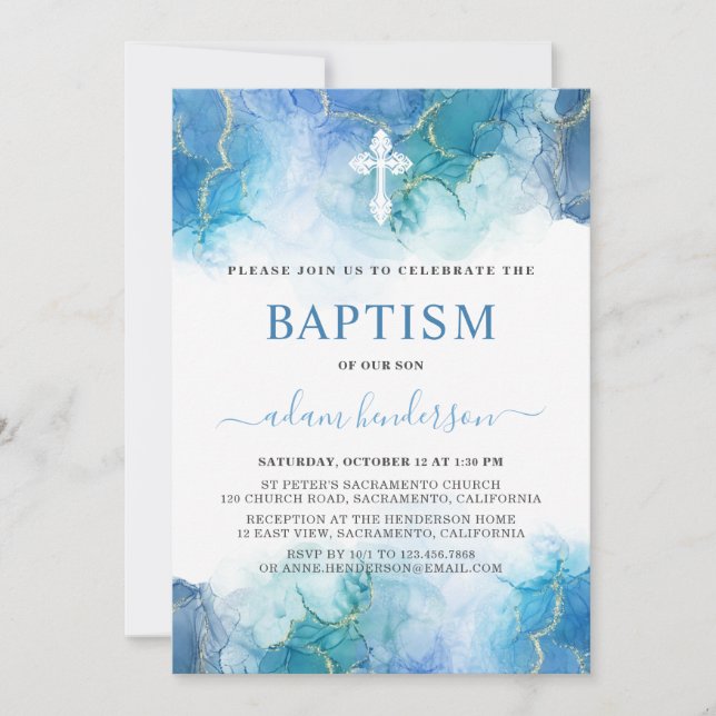 Modern Blue Watercolor Boy Baptism Invitation (Front)
