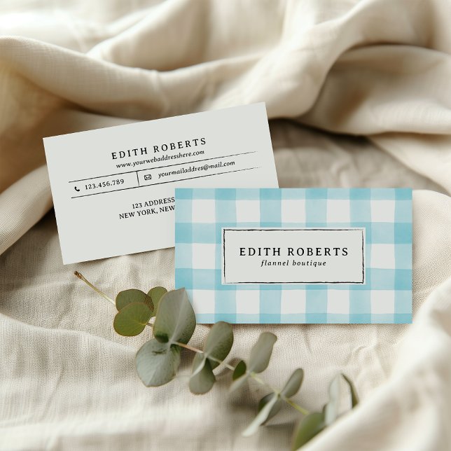 Modern Blue Watercolor Buffalo Plaid Rustic chic Business Card (Creator Uploaded)