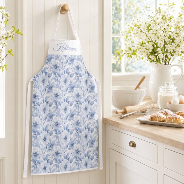 Modern Blue Watercolor Floral Pattern Apron (Creator Uploaded)