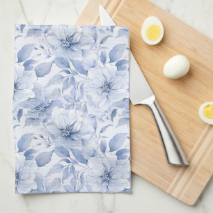 Modern Blue Watercolor Floral Pattern Tea Towel