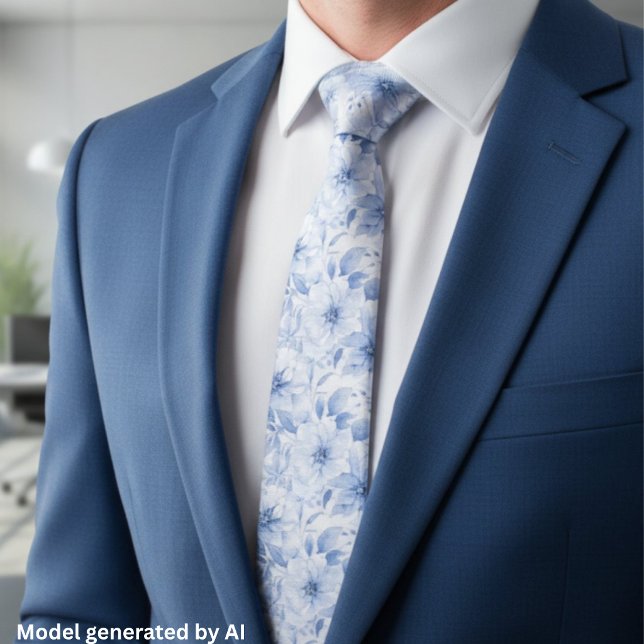 Modern Blue Watercolor Floral Pattern Tie (Creator Uploaded)