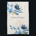 Modern Blue Watercolor Floral Personalised Tea Towel<br><div class="desc">Beautiful and stylish watercolor flower painting in blue and gold,  personalised with your name.</div>