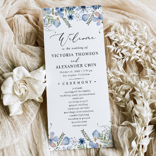 Modern Blue Watercolor Floral Wedding  Program