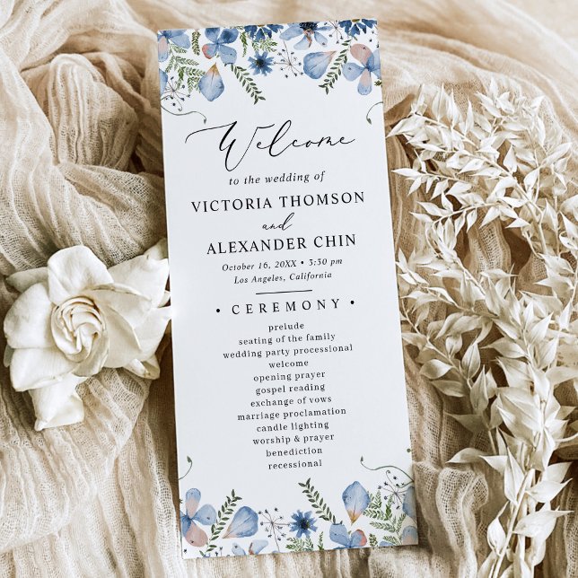 Modern Blue Watercolor Floral Wedding  Program (Creator Uploaded)