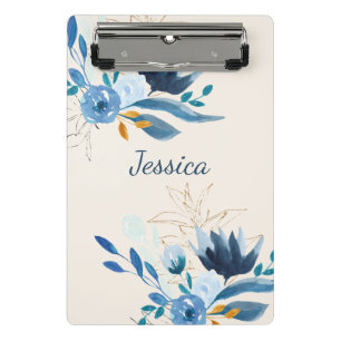 Modern Blue Watercolor Florals Personalised Name Mini Clipboard