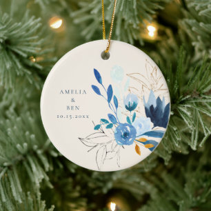 Modern Blue Watercolor Flower Personalised Wedding Ceramic Ornament