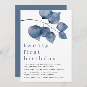 Modern Blue Watercolor Foliage Twenty First Invitation