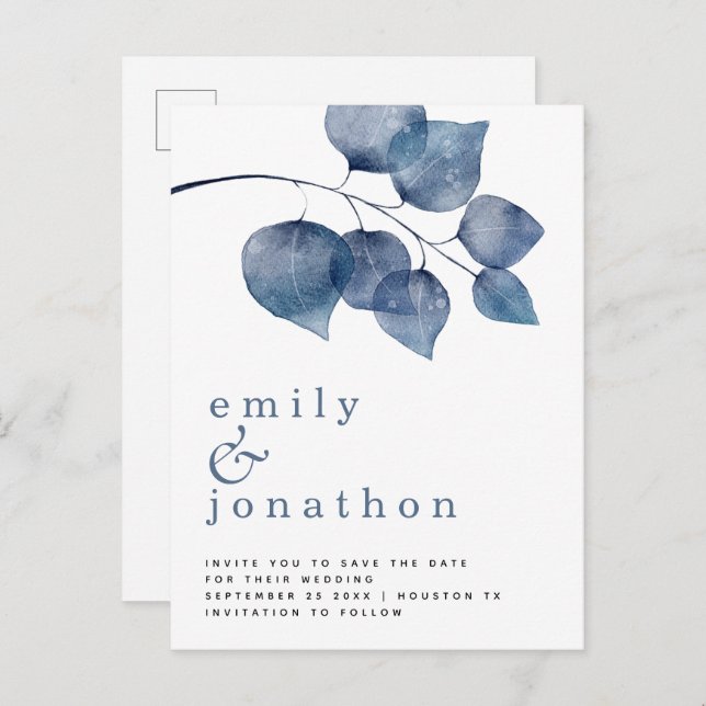 Modern Blue Watercolor Foliage Wedding Save Date Announcement Postcard (Front/Back)
