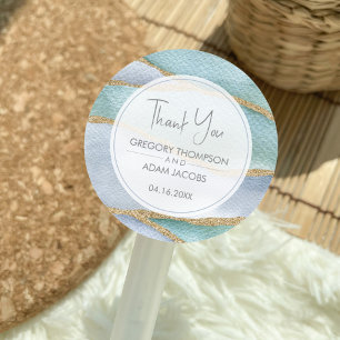 Modern Blue Watercolor Gold Glitter Wedding Favour Classic Round Sticker