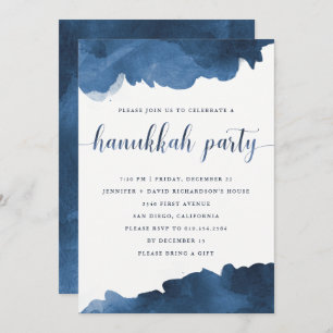 Modern Blue Watercolor   Hanukkah Party Invitation