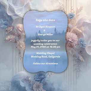 modern blue watercolor landscape tree wedding card