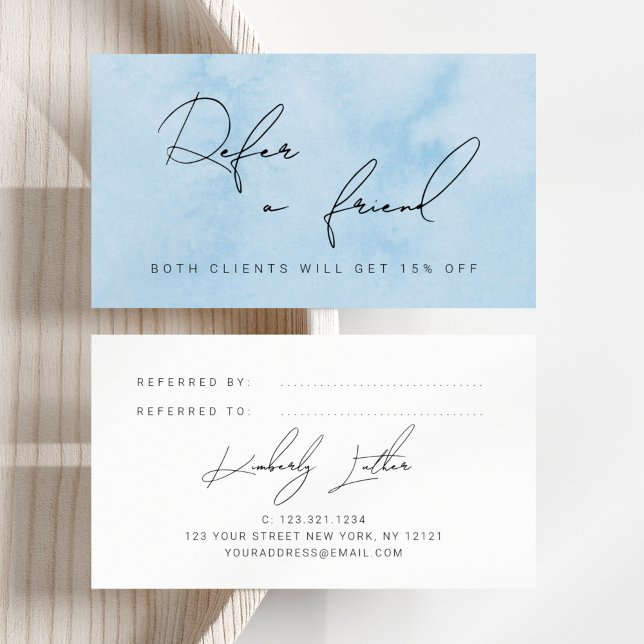 Modern blue watercolor makeup & hair referral card (Creator Uploaded)