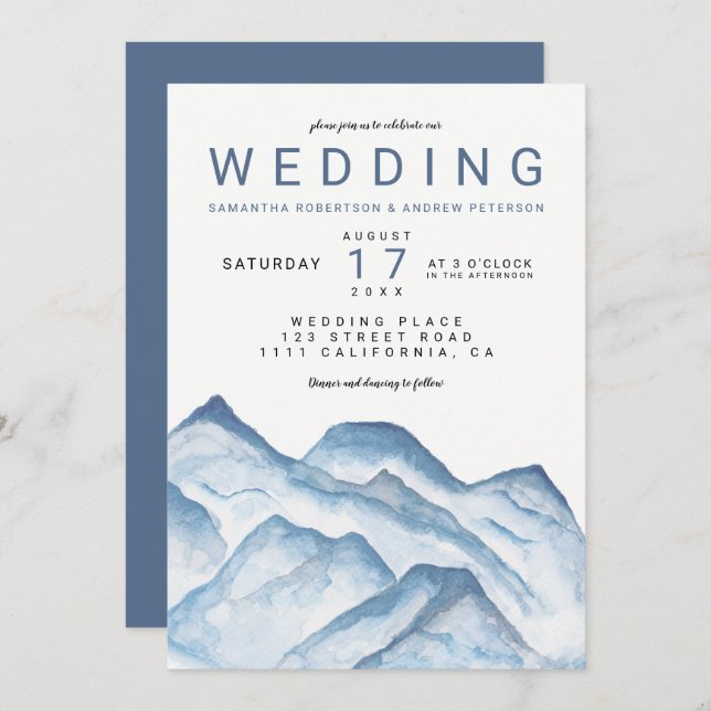 Modern blue watercolor mountains wedding invitation (Front/Back)