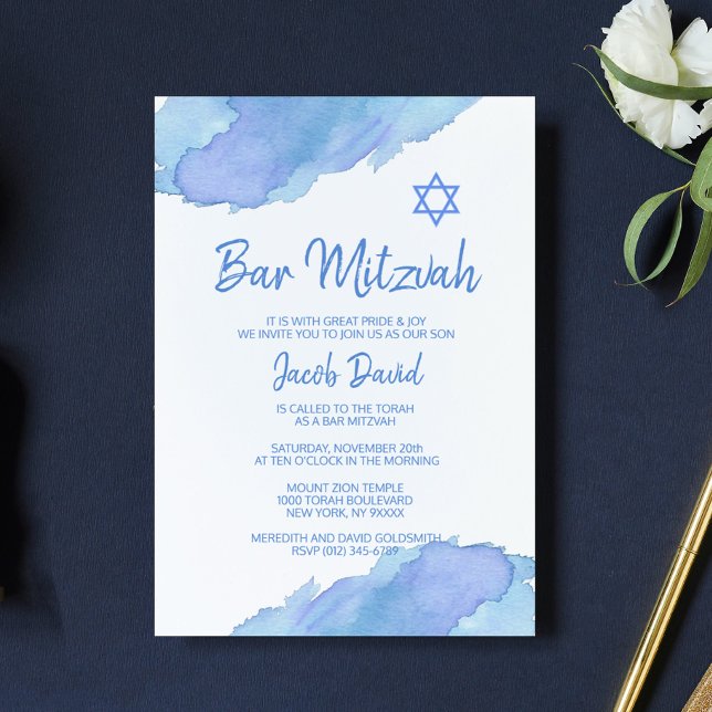 Modern Blue Watercolor Star of David BAR MITZVAH Invitation (Creator Uploaded)