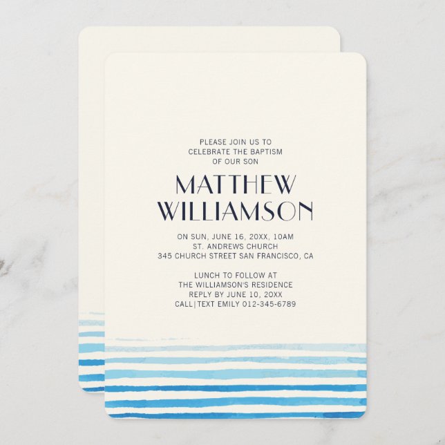 Modern Blue Watercolor Stripes Baptism Invitation (Front/Back)