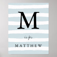 Modern Blue Watercolor Stripes with Black Monogram