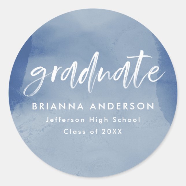 Modern Blue Watercolor Wash Graduation Classic Round Sticker (Front)