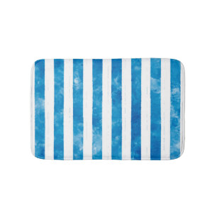 Modern Blue Watercolor White Striped Bath Mat