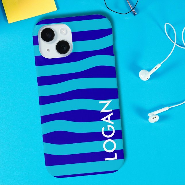 Modern Blue Wave Stripe with Custom Name Case-Mate iPhone Case (Creator Uploaded)