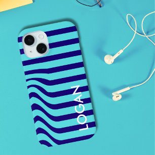 Modern Blue Wave Stripe with Custom Name iPhone 15 Case